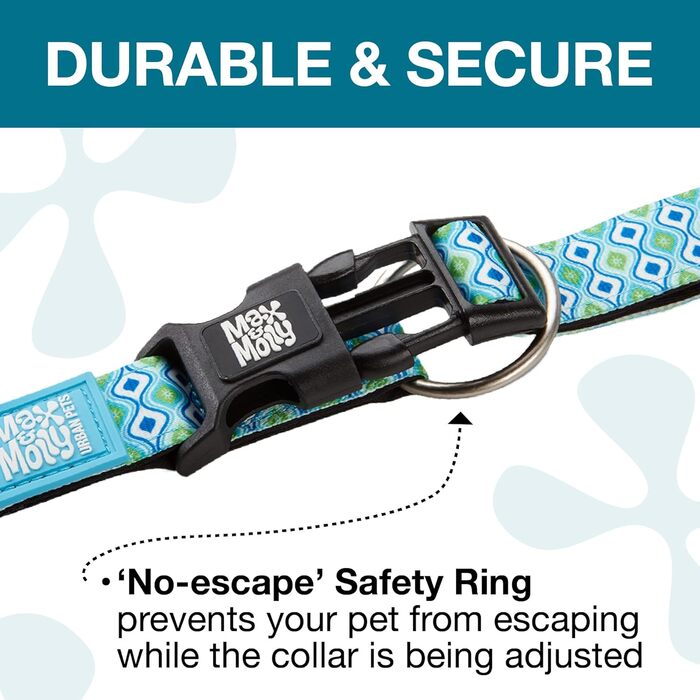 Нашийник для собак Max & Molly з надійною застібкою, стильний дизайн для малих, середніх та великих собак та цуценят, водонепроникний, зручний, регульований, з QR-кодом ідентифікації тварин Gotcha, розмір M (33-53 см), колір Retro-Blue