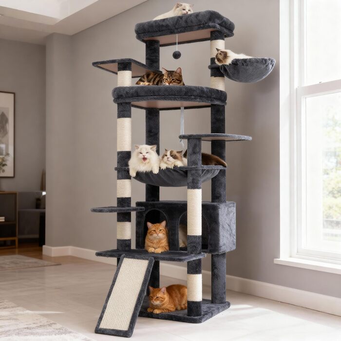 Драбина-будинок для котів Heybly HCT038W (Сірий) - 202 см з 2 платформами, будиночком, гамаком та сизалевим стовпом