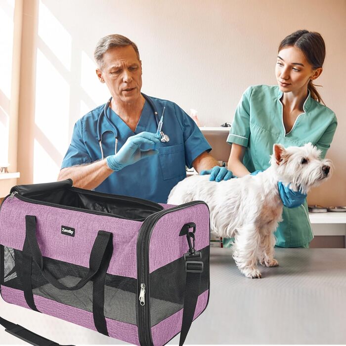 Транспортна сумка для котів та собак Zavothy, дихаюча, складна, з регульованим плечовим ременем, знімний плюшевий килимок (фіолетовий, L)