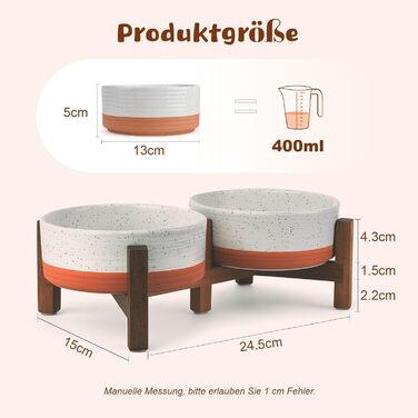 Миска для собак SpunkyJunky з кераміки, подвійна, піднята на підставці з акації, для великих собак (400 мл, білий та червоно-коричневий)