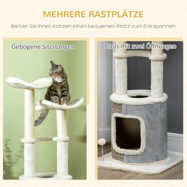 Котячий будиночок PawHut 110 см з когтеточкою, платформою та іграшкою, котячі меблі, кремовий