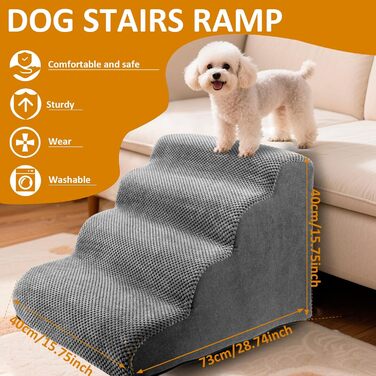 Сходинка для собак, ліжко, 5 сходинок, для маленьких собак, знімний чохол, неслизьке дно, для ліжка, дивану, авто (сірий, 4, L)