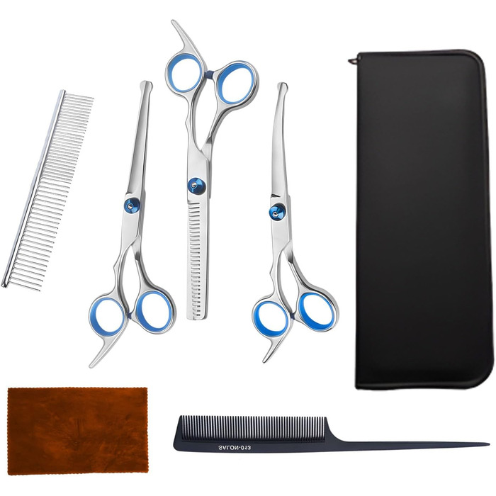 Набір професійних ножиць для собак 7 в 1 з нержавіючої сталі, з безпечними закругленими кінчиками. Включає ножиці для вирівнювання, вигнуті та прямі ножиці, гребінець для грумінгу. Підходить для собак, котів та інших тварин