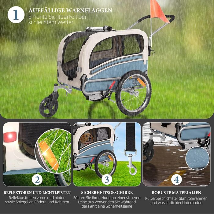 Причеп-перевозник для собак 2-в-1 на велосипед та візок – для собак до 30 кг, складаний, з гальмами, сигнальним прапорцем, для активного відпочинку та дому, легкий у встановленні (Блакитний)