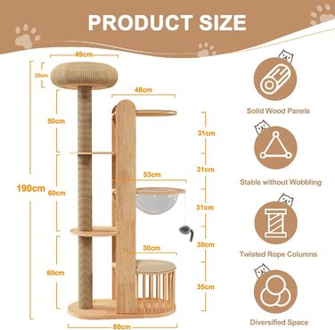 Великий котячий будиночок з подряпальником 190 см - стабільний дерев'яний комплекс для котів з посиленою колоною з сизалю, великим сплетеним будиночком, 3 оглядовими платформами та просторою капсулою, для великих котів