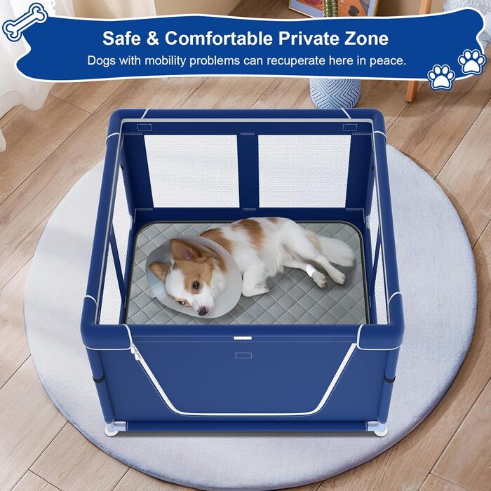 Клітка для цуценят XVISHX з підстилкою DogPads, 106,7 x 107,7 x 66 см, для собак та цуценят, для дому та вулиці, стабільна та безпечна, синього кольору