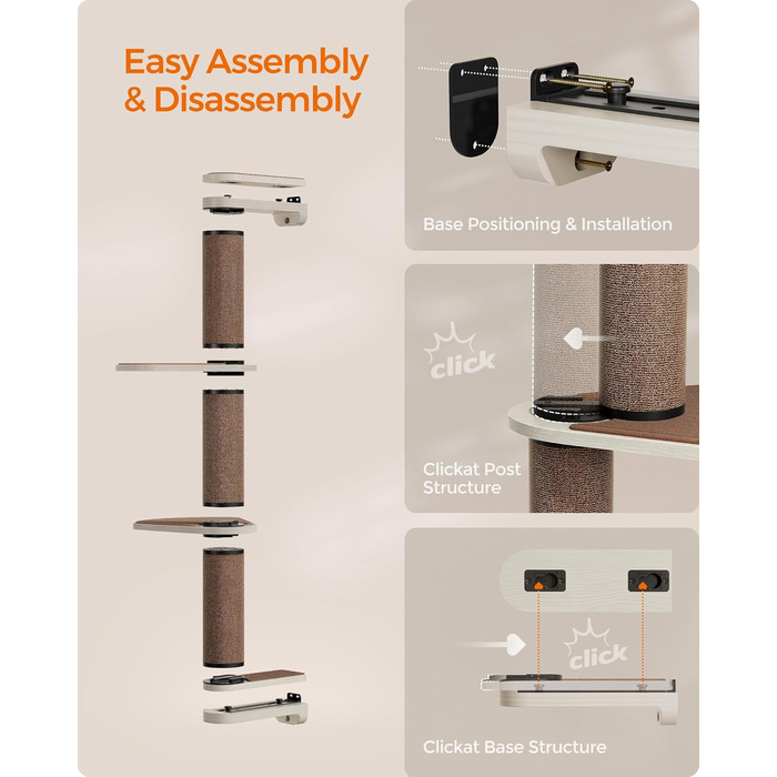 Feandrea Clickat Collection - Драбина-подряпування для котів, 100 см, товста, настінна, з 2 стійками, діаметр 10,4 см, швидка збірка, розширювана, (XXL набір меблів для котів на стіні)