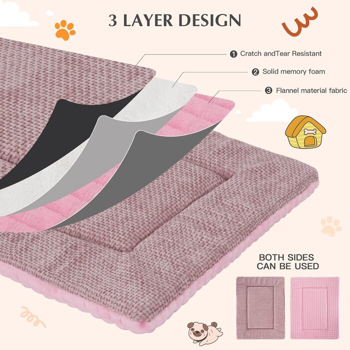 Лежанка для собак, миється, м'яка подушка для собак, двостороння тепла лежанка для маленьких, середніх та великих собак XZ016 (Рожева, L 100 x B 80 x H 4 см)