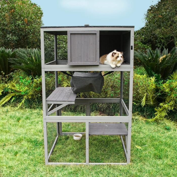 Дім для кота з дерева для вулиці та дому, велике котяче укриття на колесах, Catio-клітка з посиленими дерев'яними смугами, водонепроникним дахом (C Type, Medium-UP)