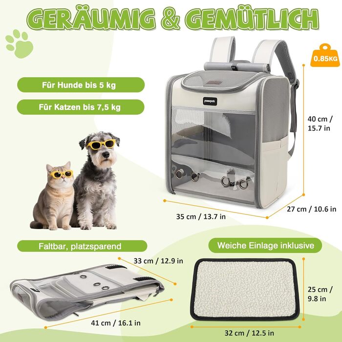 Рюкзак для кота великого розміру ALLSOPETS, складаний рюкзак для собак і котів, дихаюча переноска для подорожей, прогулянок та походів (димно-зелений, туманно-сірий)