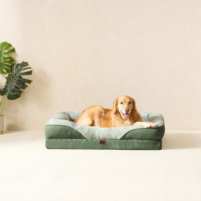 Ортопедичне ліжко для собак середніх порід, 91x68x17.5 см, Memory Foam, водонепроникне, з 4 бортиками, антиковзаюче, зелене