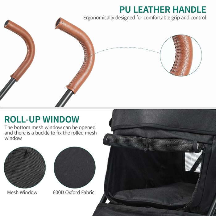 Візок для собак та котів YITAHOME Bis 11,3kg, чорний: складаний, з EVA-колесами, кошиком, сіткою, тримачем для напоїв