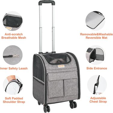 Тролей для собак VEVOR, складний, до 8,1 кг, сірий. Зручний рюкзак-переноска для тварин з 5 кишенями. Ідеально для подорожей та прогулянок