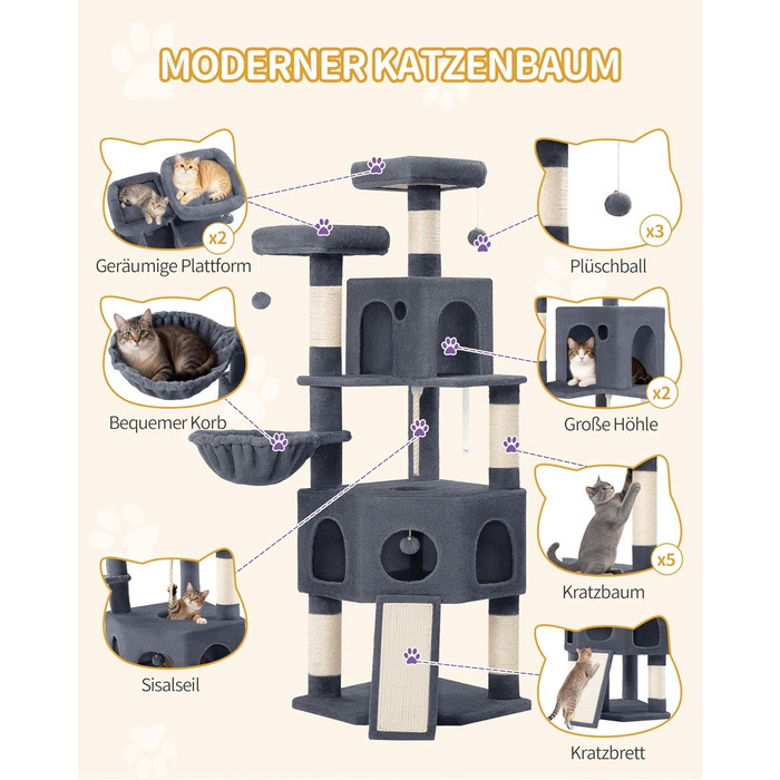 Кігтеточка для котів Hzuaneri, 174 см, XL, 2 платформи, 2 печери, 4 стовпчики, дошка для заточування кігтів, мотузка з сизалю, плюшеві кульки, для багатокотових сімей, MS17418LG (Темно-сірий)