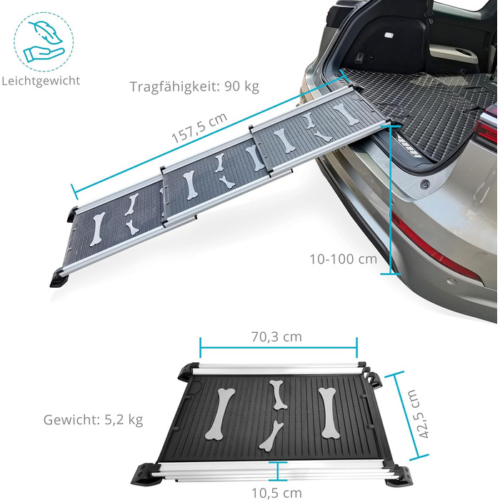 Рампа для собак Ultiness® - телескопічна, складна, з антиковзким покриттям, з алюмінію. Підходить для авто, позашляховиків та вантажівок.