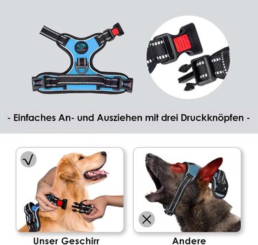 Шлейка для собак PHOEPET, регульована, для прогулянок, з карабіном, світловідбиваючими смугами, ручкою, для середніх та великих собак (L, блакитна)