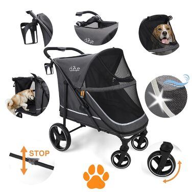 Hundebuggy MY DUQUE CHAMP XL – великий зручний візок для собак та котів, сірий, з дощем, тримачем для напоїв та місцем для зберігання, до 50 кг