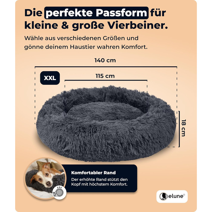 Belune® Лежанка для собак знімний чохол - Оригінал - [M, 80см] Корзина для собак, котяче ліжко, лежанка для собак, м'яка лежанка для великих, середніх та маленьких собак (XXL (140см), Темно-сірий)