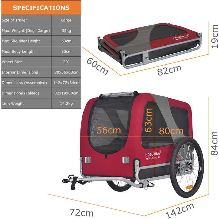DOGGYHUT® Преміум великий велосипедний причіп для собак об'ємом 270 літрів, підходить для середніх та великих собак (ЧЕРВОНИЙ)