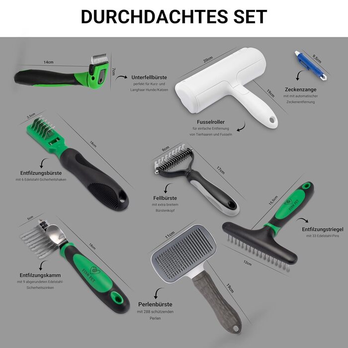 Набір для догляду за тваринами 8er Mega-Set: щітки, ролики, щипці від кліщів, щітки для собак та котів, включаючи знімачі ковтунів та видалення шерсті
