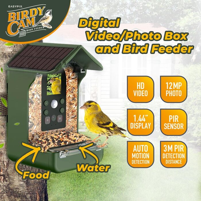 Пташина годівниця з камерою EASYPIX BirdyCam, сонячна енергія, автоматичне HD-відео та фото, кормушка для саду