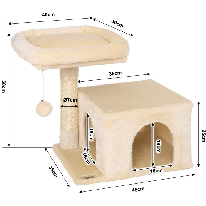 Кігтеточка для котів Lionto з лежаком та гніздечком, 50 см, з іграшкою, мотузкою та плюшем, підходить для кошенят та дорослих котів, бежева