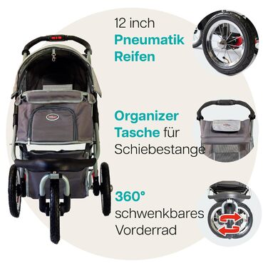 Візок для собак Innopet Comfort Air Eco чорного/срібного кольору – візок для собак/кішок з 30см повітряними колесами, складається однією рукою, підходить для лісових стежок – світловідбиваючі смуги, органайзер, перероблений нейлоновий матеріал (сірий)