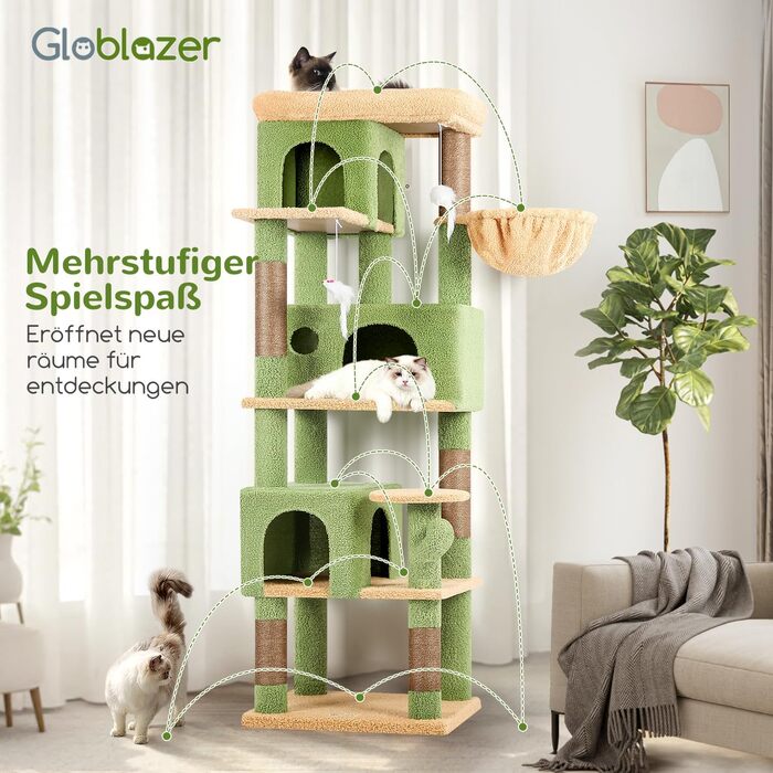 Драбина-будинок для котів Globlazer з кутовою конструкцією, 168 см, 3 будиночки, велика платформа, 5 сизалевих стовпчиків, кошик, іграшки, для 3-4 котів (зелений)
