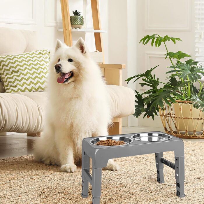 Підвищений годівниця для собак та котів, 2-в-1, 4 регульовані висоти, підставка Anti-Slip з нержавіючою чашею, сірий, 44 x 24 x 8 см