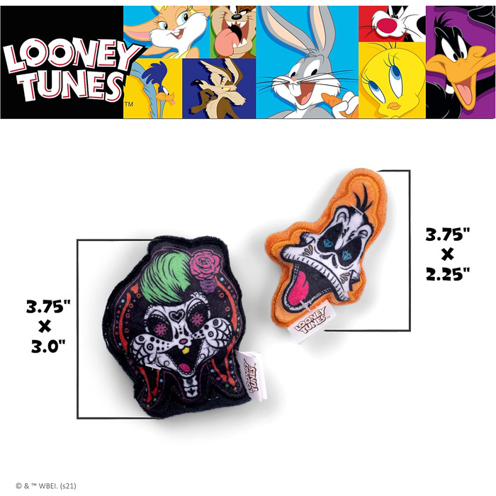 Іграшки для собак Looney Tunes на Хелловін, набір з 2 шт. – Деффі Дак і Лола Бані, з пищалкою, для жування, тематичні до Дня Мертвих