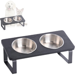 Підвищена годівниця для котів, ергономічна миска для котів, годівниця з кераміки та дерева, піднята годівниця для котів та маленьких собак (Noir - нержавіюча сталь)