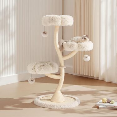 Котячий будиночок-крісло Fudajo з 3 лежаками, котячий комплекс з сизалю та плюшу, висота 125 см, діаметр 59 см, до 15 кг