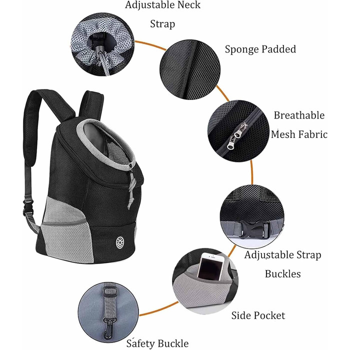 Сумка-переноска для собак та котів, чорна, L, для маленьких/середніх тварин, регульована передня частина, дихаюча, підходить для перельотів