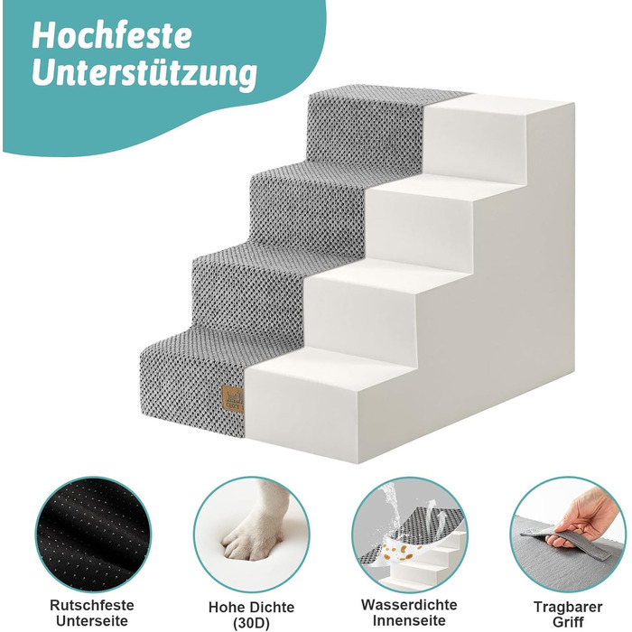 Сходинка для собак, 5 сходинок, 60 см, сіра. Підходить для маленьких собак, котів, ліжко, диван, авто. Виготовлена з високощільним пінопластом, знімний чохол. Розміри: 60x45x45 см