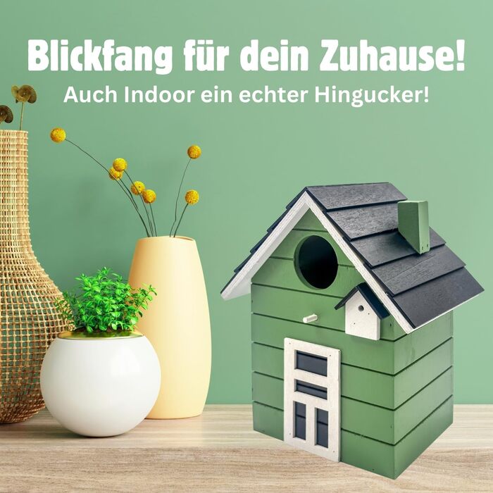 Пташник Vogelhaus No.64 - ідеальне місце для малих птахів (синиць, зябликів, сніжників). Підходить для декору інтер'єру та як гніздовий будиночок на вулиці. Темно-зелений колір.