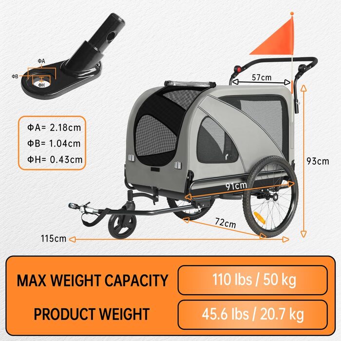 2-в-1 Причіп для собак XXL, Фарбований причіп для собак з дахом, Відбивачі та світловідбиваючі смуги, Універсальний з'єднувальний елемент для велосипеда, Регульована ручка-штовхач, Сірий