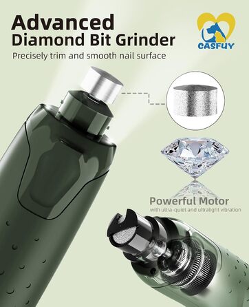 Електричний точило для кігтів собак Casfuy (45 dB) з 6 режимами та LED-підсвіткою для собак та котів, армійний колір
