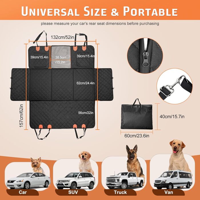Накладна на сидіння автомобіля для собак Gimars, 157x137 см, велика, зносостійка, водовідштовхувальна, універсальна, з передньою кришкою та оглядовим вікном (чорний&оранжевий)