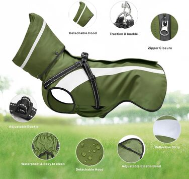 Водонепроникний дощовик для собак Oslueidy, з капюшоном, для малих, середніх та великих собак, цуценят, S-XXL (Зелений, L)