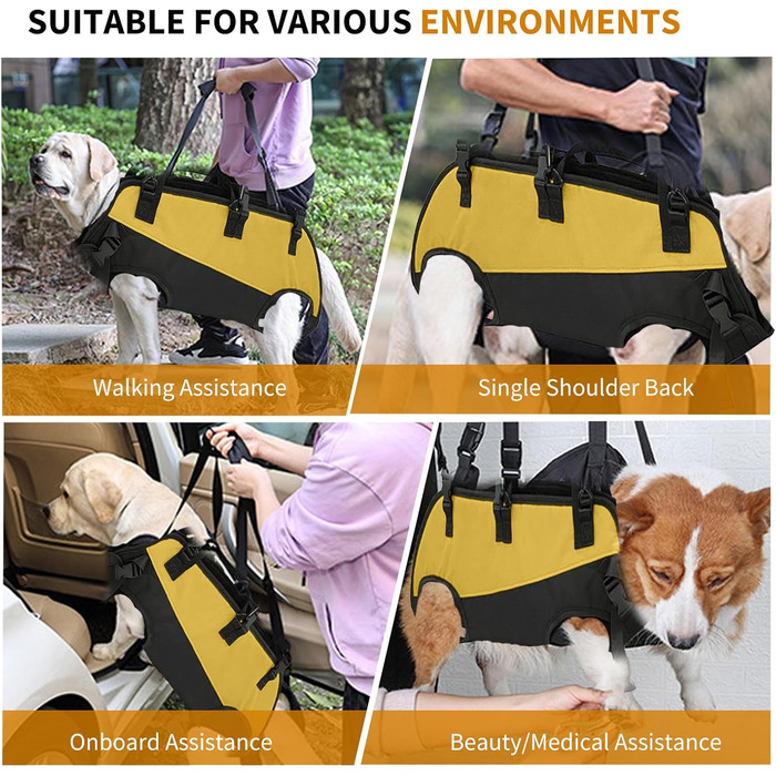 Шлейка-рюкзак для собак PETCUTE, для великих собак, з ручкою, регульована, для собак з артритом та проблемами з суглобами, 7.5-15 кг (S, чорний+жовтий)