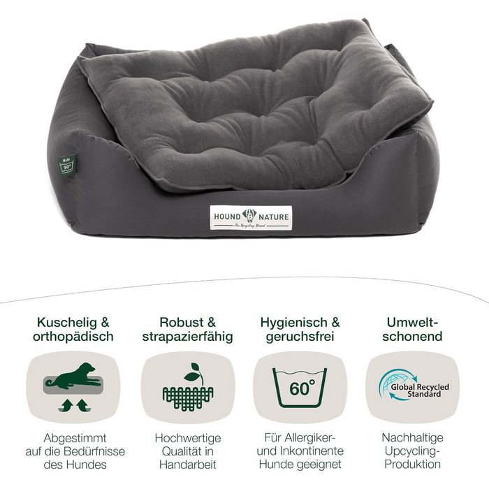 Ортопедичне екологічне ліжко для собак HOUND & NATURE Zürich S, сіре, 75x60 см, для малих порід, м'яке, двостороннє, флісове, знімний чохол, що переться