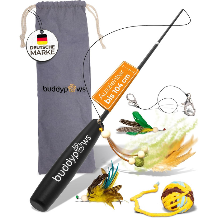 BuddyPaws® Паличка-пір'їна для котів Stabil – Інтерактивна іграшка з 4 пір'ями та котячою м'ятою, висувна 42-104 см, гнучка, з запасним шнуром, аксесуари для котів