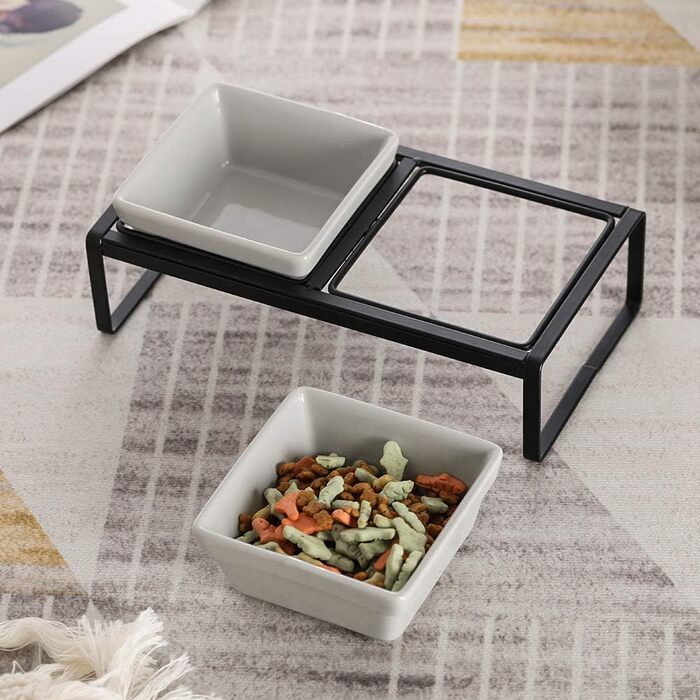 Підвищена годівниця для котів та собак сірого кольору, з підставкою, з подвійної кераміки, 2 x 280 мл