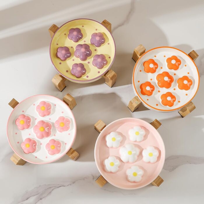 Підвищена годівниця для котів Anti Schling Napf - керамічна годівниця з антиковзним основанням, інтерактивна, для повільного годування, рожеві квіти