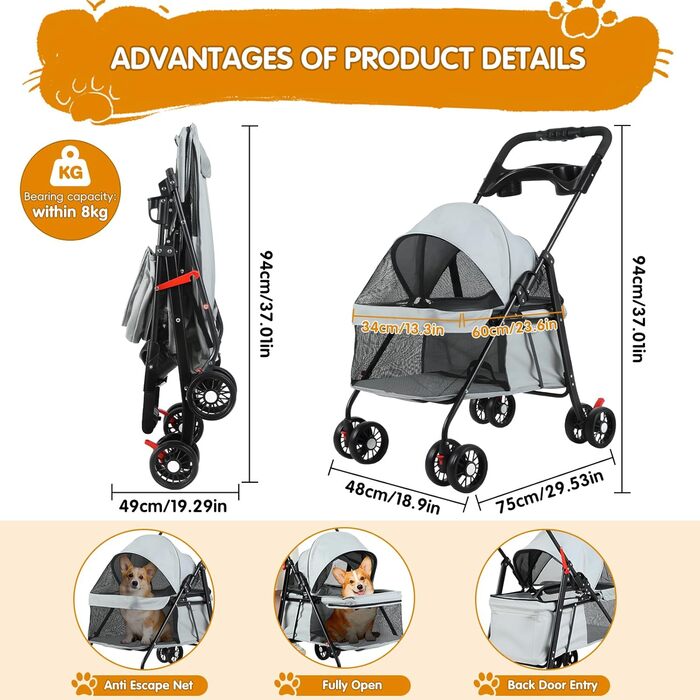 Візок для тварин: для собак та котів, складання, 4 колеса, сірий