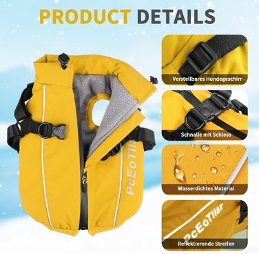Теплий зимовий одяг для собак: жовтий пуловер/манта XL для маленьких собак, з відбиваючими елементами та дзвінком