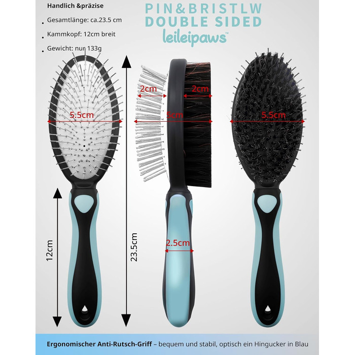 Двостороння щітка для собак та котів – вичісувальний гребінь для довгої та короткої шерсті, металеві щетинки та натуральна щетина, ергономічна ручка TPR, м'який та ефективний догляд за шерстю (Синьо-Чорний)