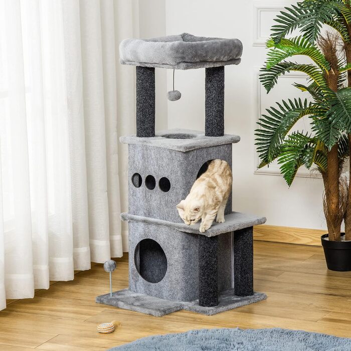 Дряпка для котів PawHut Cosy Chic, багатофункціональний ігровий комплекс з будиночком, платформами, лежаком і ігровим м'ячем, знімний та миючий фетровий плед, плита ДСП, плюш, 48x48x100 см, сірий