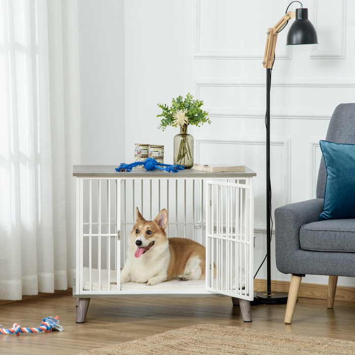 PawHut Клітка для собак Wood Look зі стільницею та подушкою для середніх собак 86x60x70см у білому та сірому кольорах