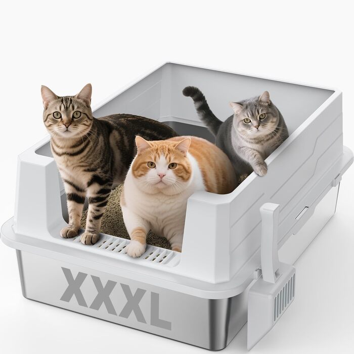 Лоток для котів з нержавіючої сталі MIXJOY XL, великий туалет для котів 28л з високими бортами та совком, противитікання (Сріблястий, 71x51x30см)